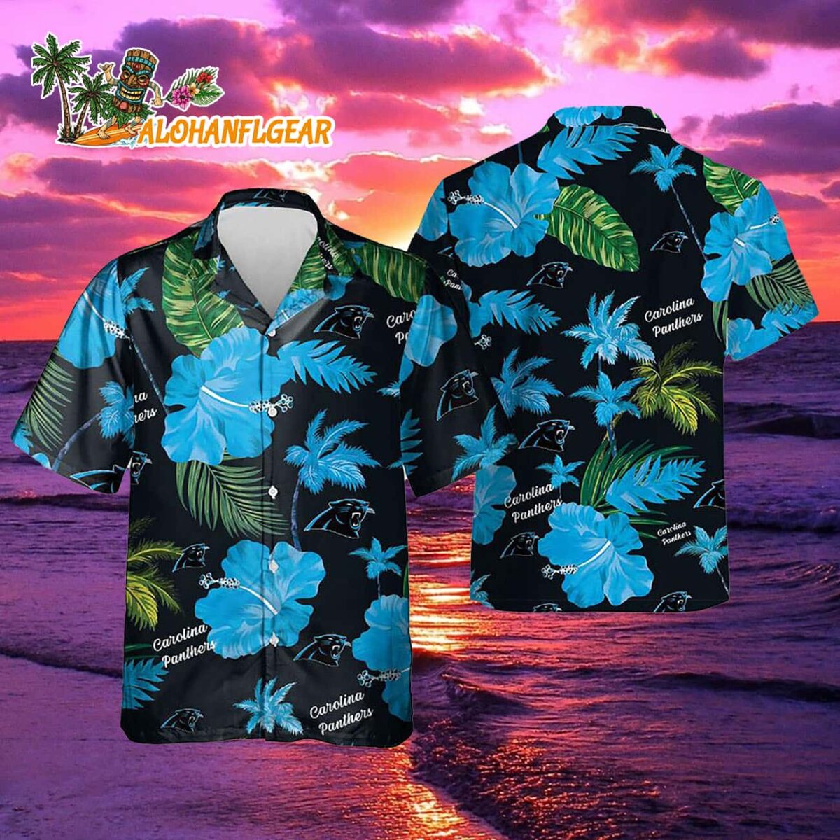 Carolina Panthers Color Hibiscus Button Up Hawaiian Shirt 2