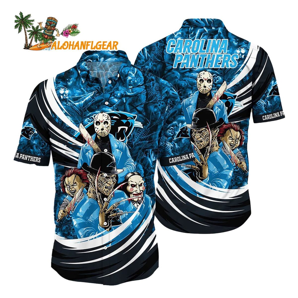Carolina Panthers Halloween Horror Movie Characters Hawaiian Shirt 1