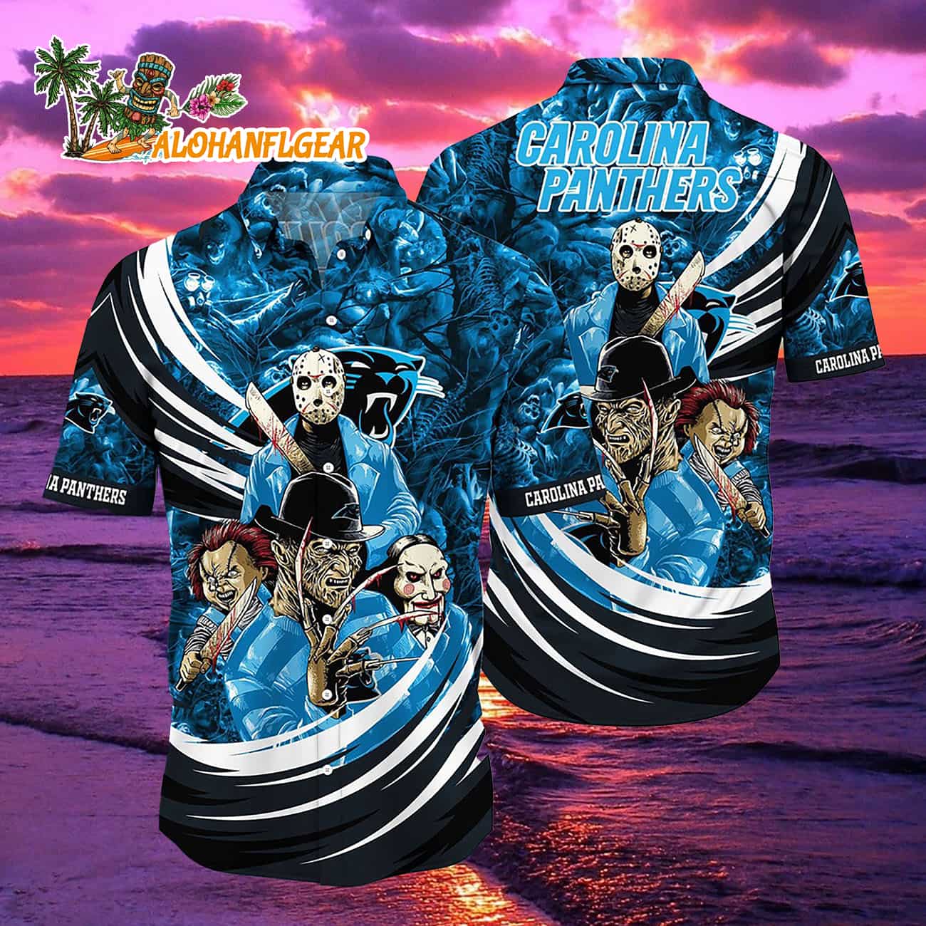 Carolina Panthers Halloween Horror Movie Characters Hawaiian Shirt Carolina Panthers Halloween Horror Movie Characters Hawaiian Shirt