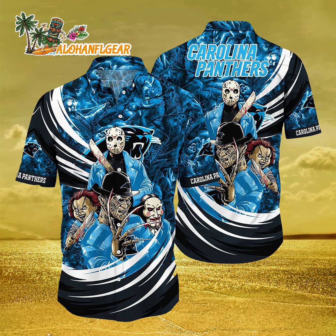 Carolina Panthers Halloween Horror Movie Characters Hawaiian Shirt Carolina Panthers Halloween Horror Movie Characters Hawaiian Shirt