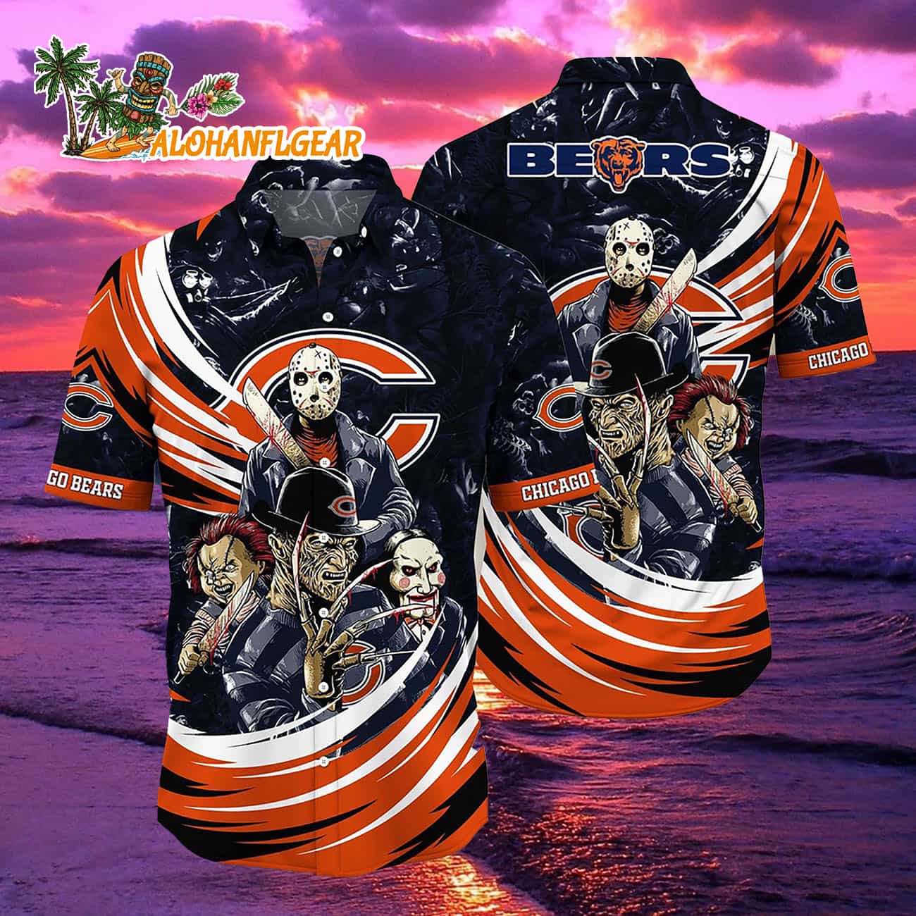 Chicago Bears Halloween Horror Movie Characters Hawaiian Shirt Chicago Bears Halloween Horror Movie Characters Hawaiian Shirt