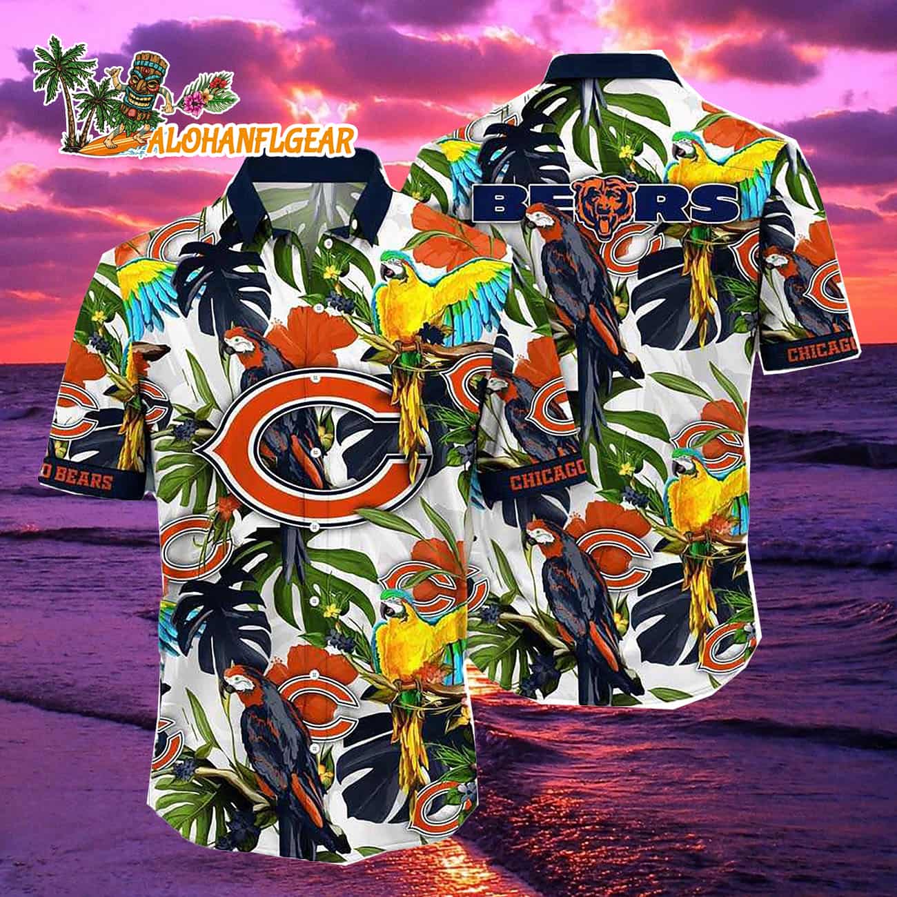 Chicago Bears Parrots Tropical Flower Hawaiian Shirt Chicago Bears Parrots Tropical Flower Hawaiian Shirt