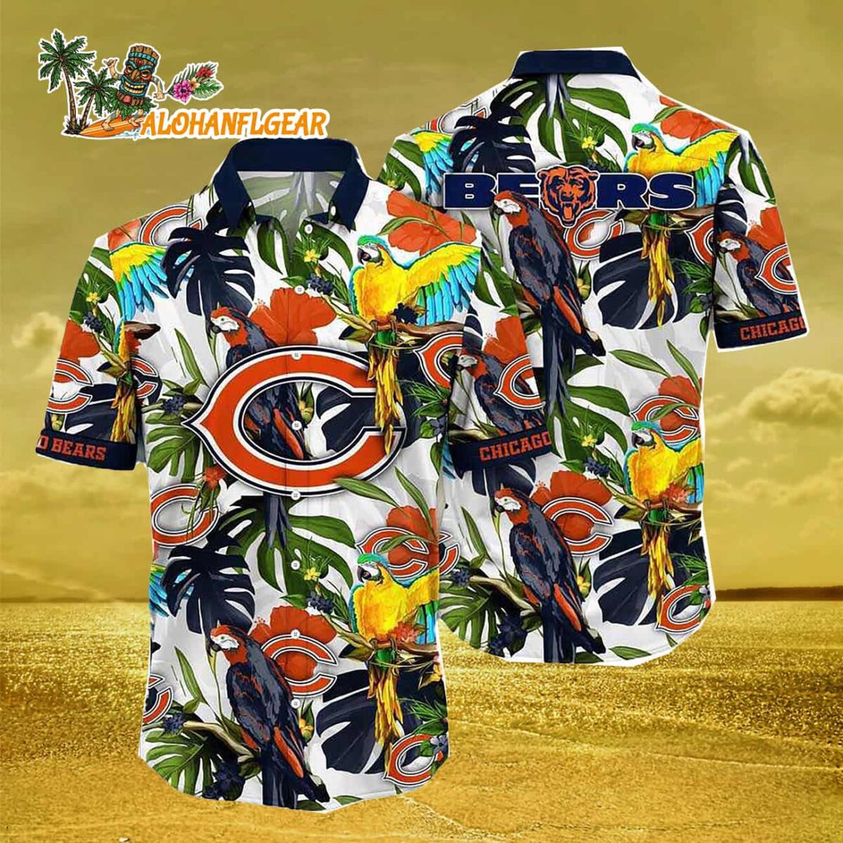 Chicago Bears Parrots Tropical Flower Hawaiian Shirt 2 Chicago Bears Parrots Tropical Flower Hawaiian Shirt 3