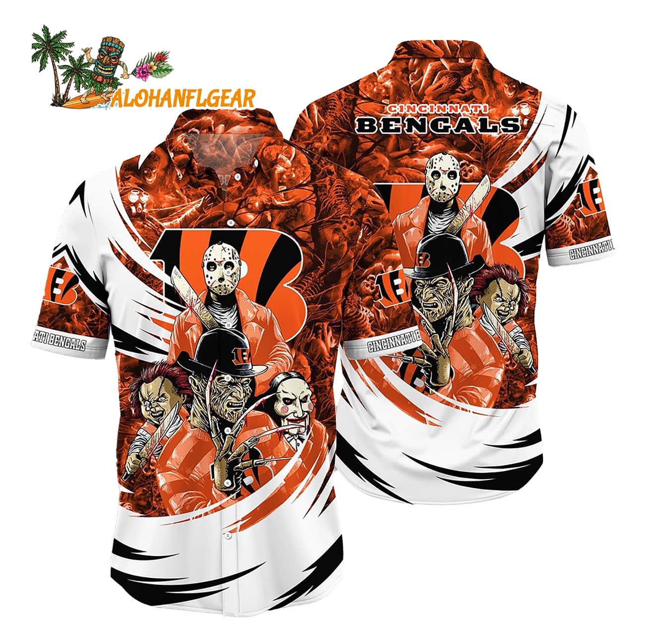 Cincinnati Bengals Halloween Horror Movie Characters Hawaiian Shirt Cincinnati Bengals Halloween Horror Movie Characters Hawaiian Shirt