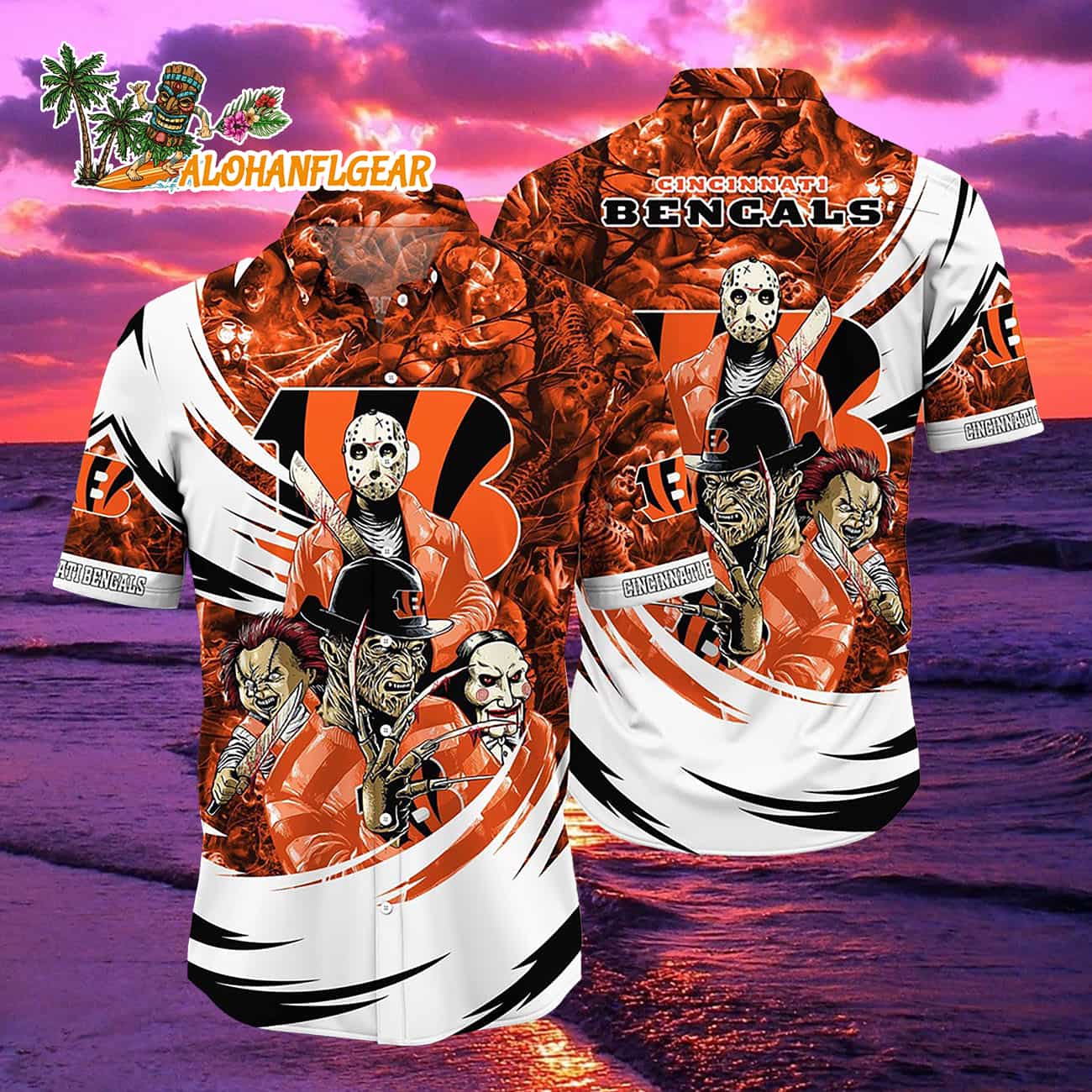 Cincinnati Bengals Halloween Horror Movie Characters Hawaiian Shirt Cincinnati Bengals Halloween Horror Movie Characters Hawaiian Shirt