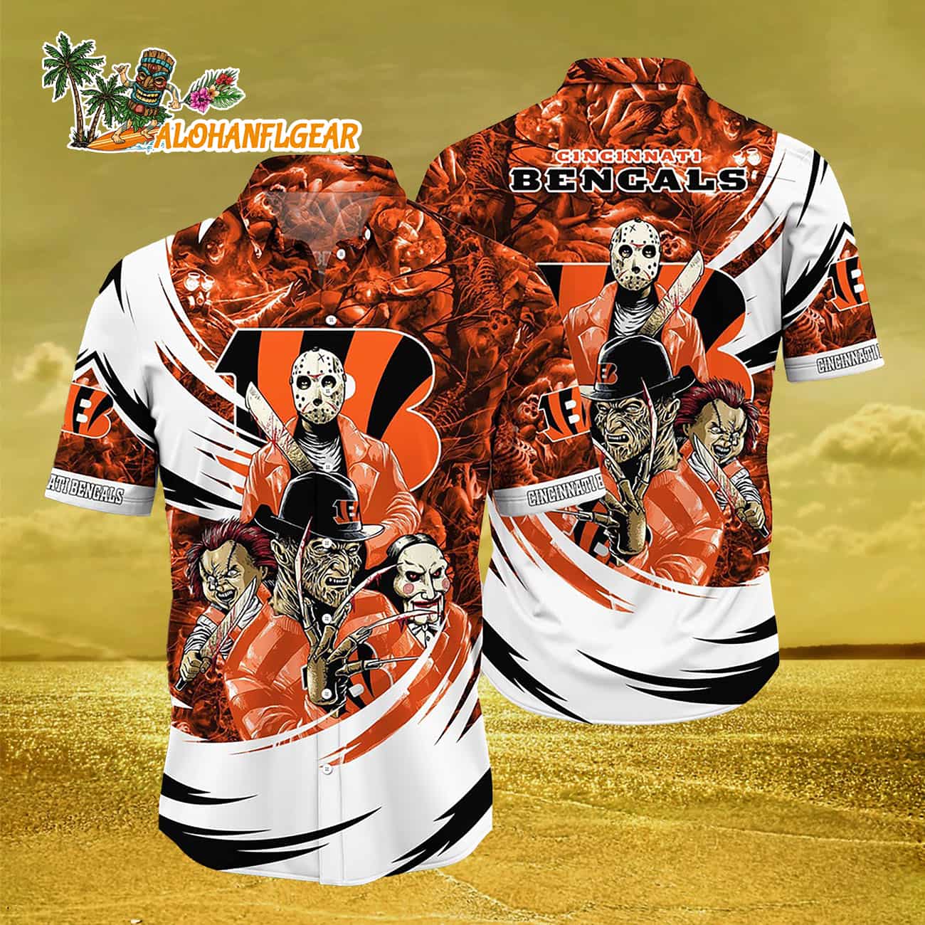 Cincinnati Bengals Halloween Horror Movie Characters Hawaiian Shirt Cincinnati Bengals Halloween Horror Movie Characters Hawaiian Shirt