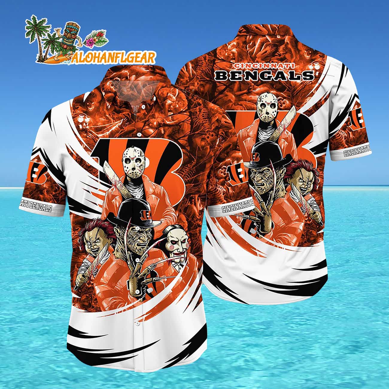 Cincinnati Bengals Halloween Horror Movie Characters Hawaiian Shirt Cincinnati Bengals Halloween Horror Movie Characters Hawaiian Shirt