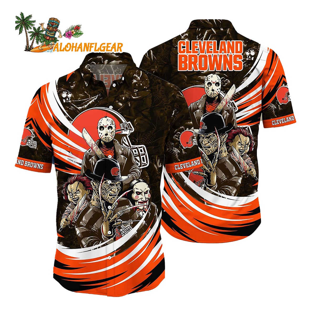 Cleveland Browns Halloween Horror Movie Characters Hawaiian Shirt Cleveland Browns Halloween Horror Movie Characters Hawaiian Shirt