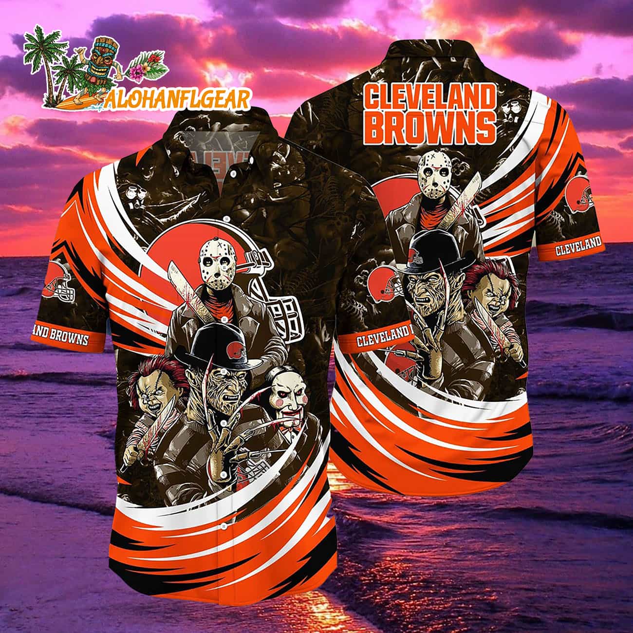 Cleveland Browns Halloween Horror Movie Characters Hawaiian Shirt Cleveland Browns Halloween Horror Movie Characters Hawaiian Shirt