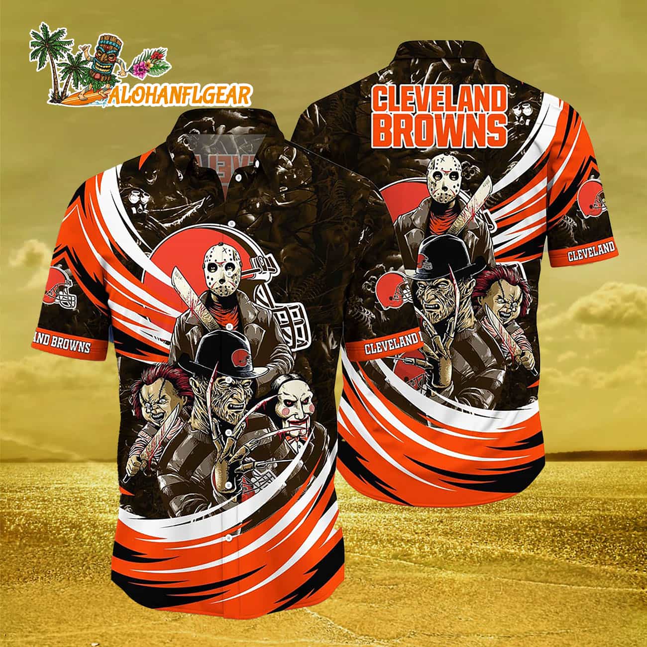 Cleveland Browns Halloween Horror Movie Characters Hawaiian Shirt Cleveland Browns Halloween Horror Movie Characters Hawaiian Shirt