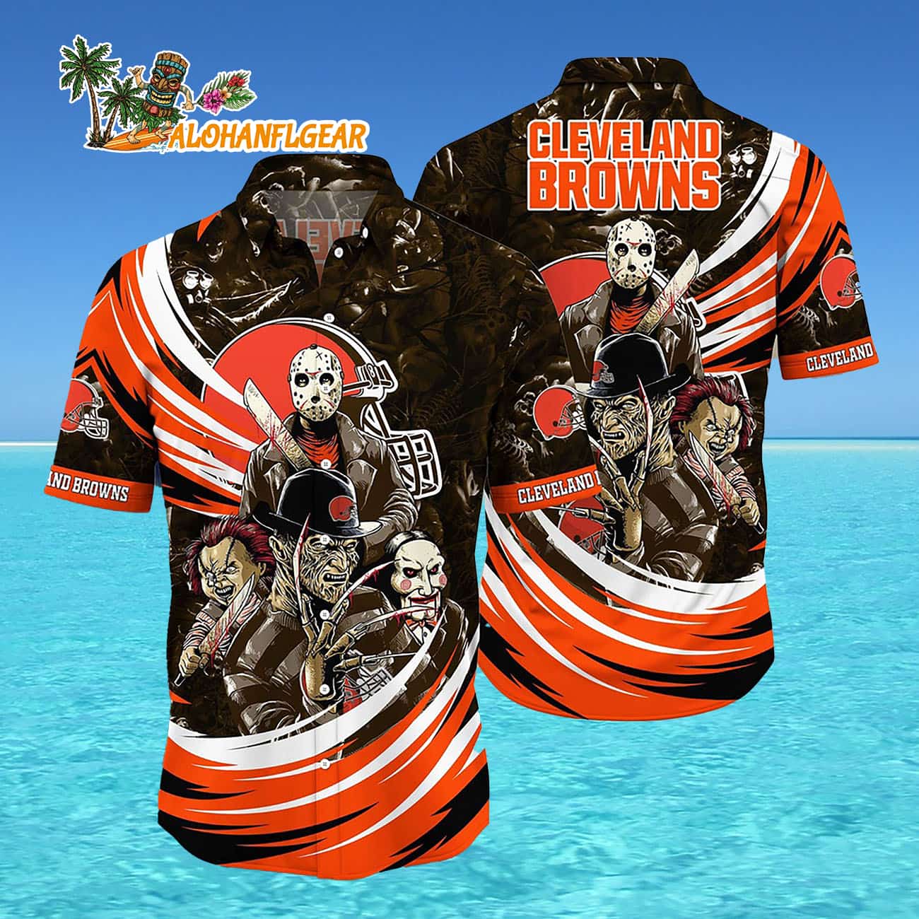 Cleveland Browns Halloween Horror Movie Characters Hawaiian Shirt Cleveland Browns Halloween Horror Movie Characters Hawaiian Shirt