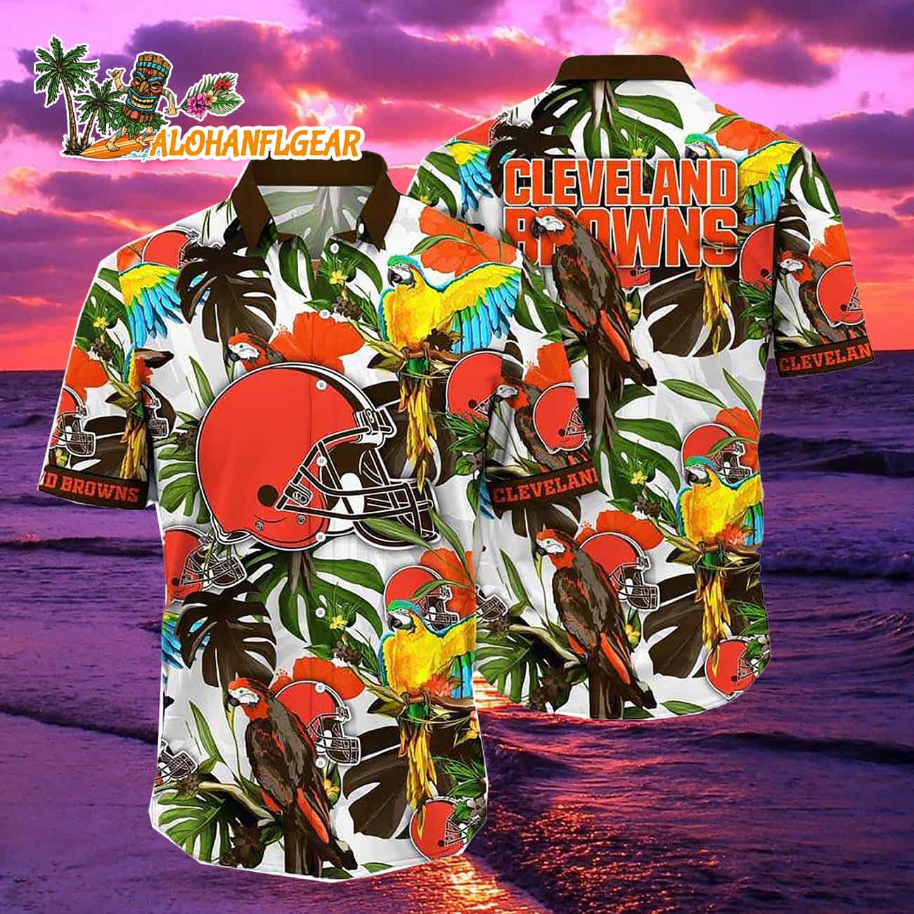 Cleveland Browns Parrots Tropical Flower Hawaiian Shirt Cleveland Browns Parrots Tropical Flower Hawaiian Shirt