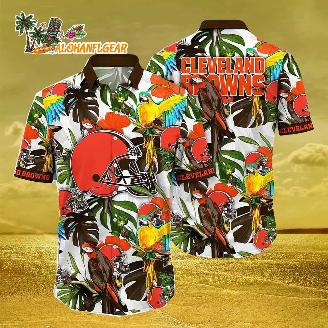 Cleveland Browns Parrots Tropical Flower Hawaiian Shirt Cleveland Browns Parrots Tropical Flower Hawaiian Shirt