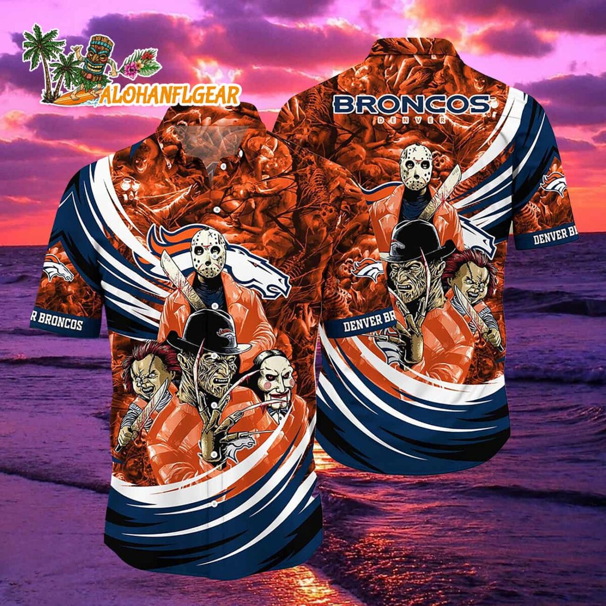 Denver Broncos Halloween Horror Movie Characters Hawaiian Shirt 2