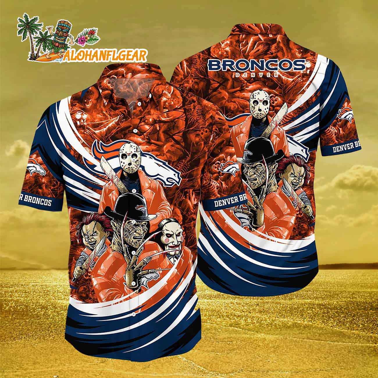 Denver Broncos Halloween Horror Movie Characters Hawaiian Shirt Denver Broncos Halloween Horror Movie Characters Hawaiian Shirt