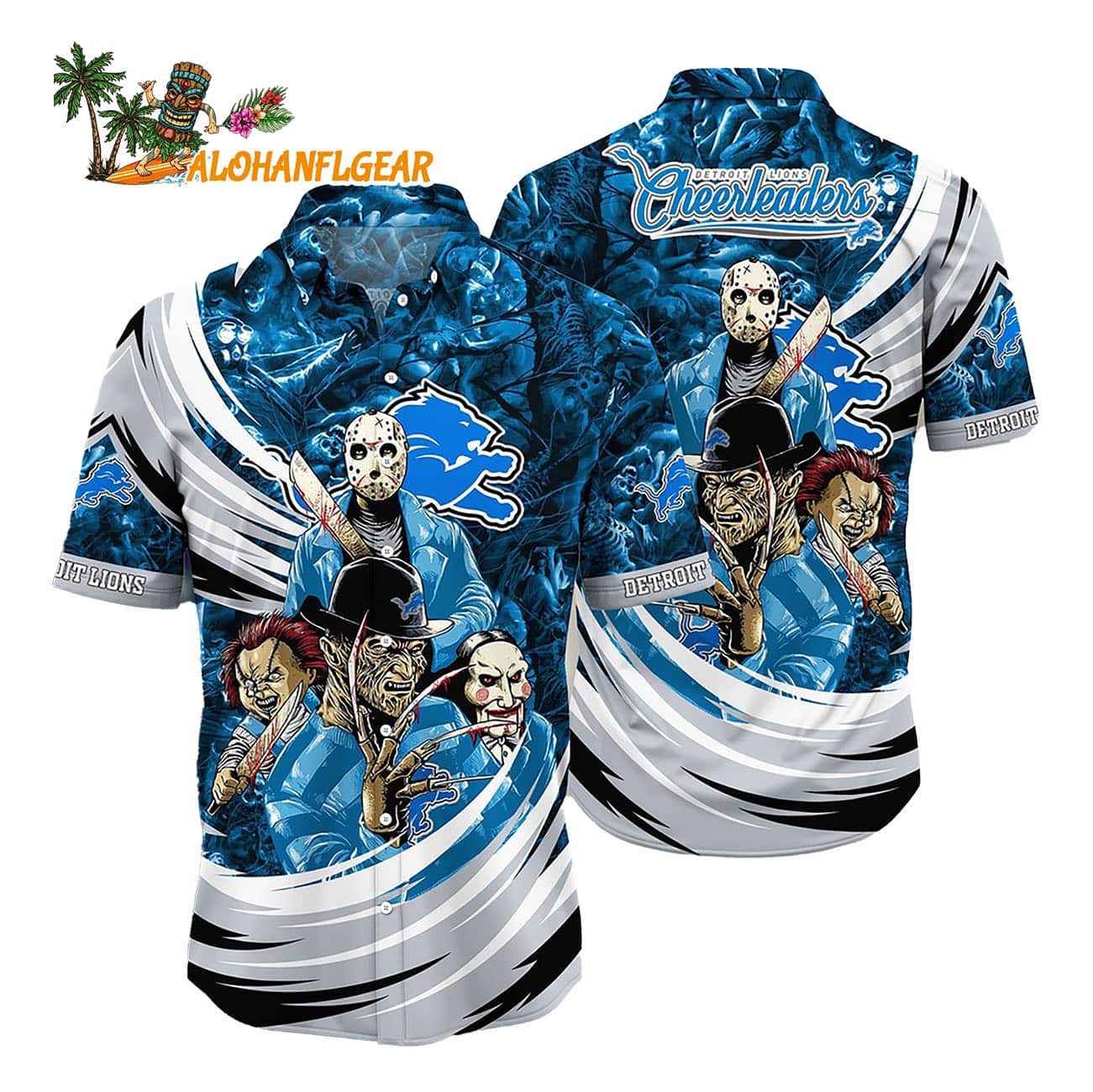 Detroit Lions Halloween Horror Movie Characters Hawaiian Shirt Detroit Lions Halloween Horror Movie Characters Hawaiian Shirt