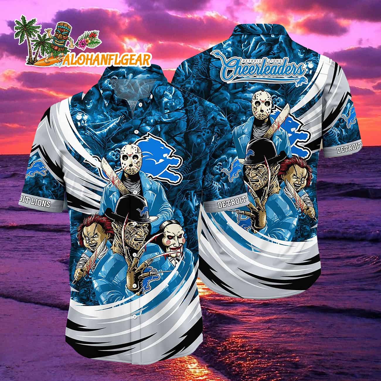 Detroit Lions Halloween Horror Movie Characters Hawaiian Shirt Detroit Lions Halloween Horror Movie Characters Hawaiian Shirt