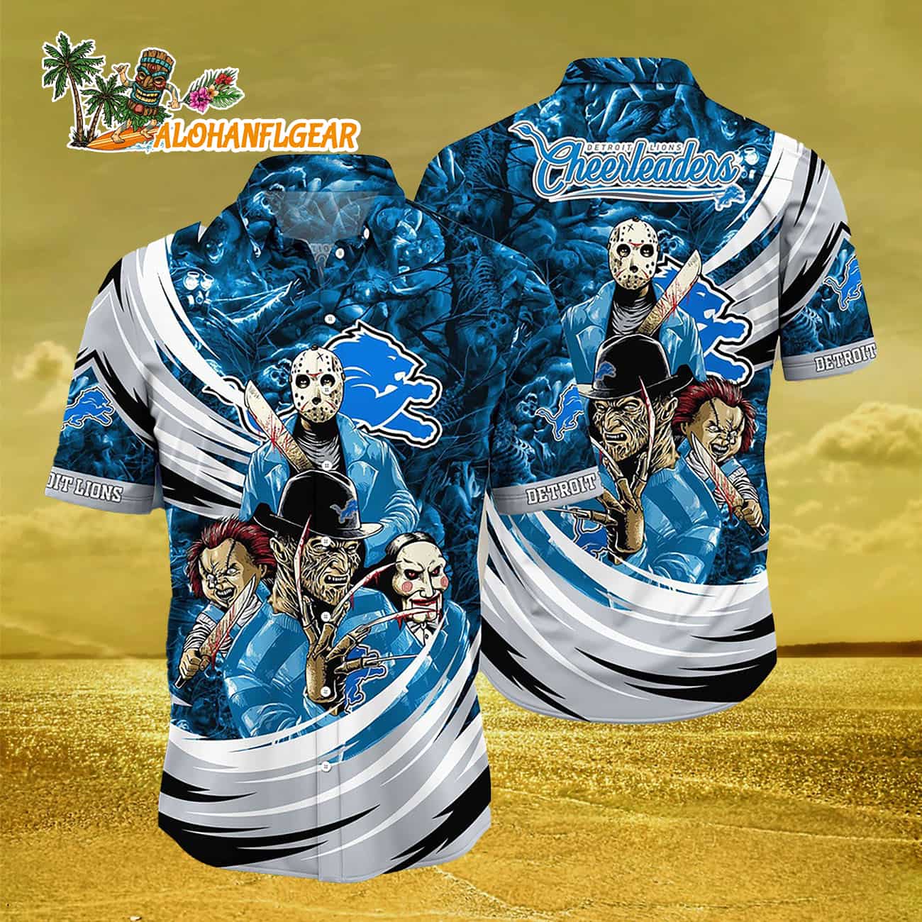 Detroit Lions Halloween Horror Movie Characters Hawaiian Shirt Detroit Lions Halloween Horror Movie Characters Hawaiian Shirt