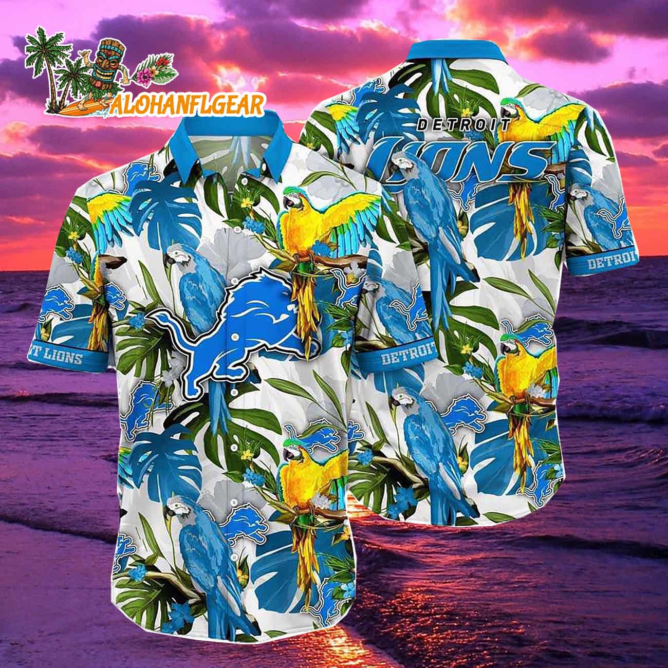 Detroit Lions Parrots Tropical Flower Hawaiian Shirt Detroit Lions Parrots Tropical Flower Hawaiian Shirt