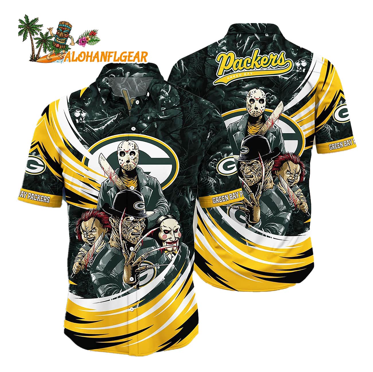 Green Bay Packers Halloween Horror Movie Characters Hawaiian Shirt Green Bay Packers Halloween Horror Movie Characters Hawaiian Shirt