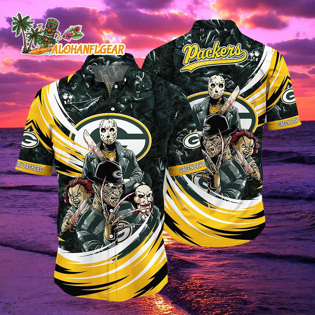 Green Bay Packers Halloween Horror Movie Characters Hawaiian Shirt Green Bay Packers Halloween Horror Movie Characters Hawaiian Shirt