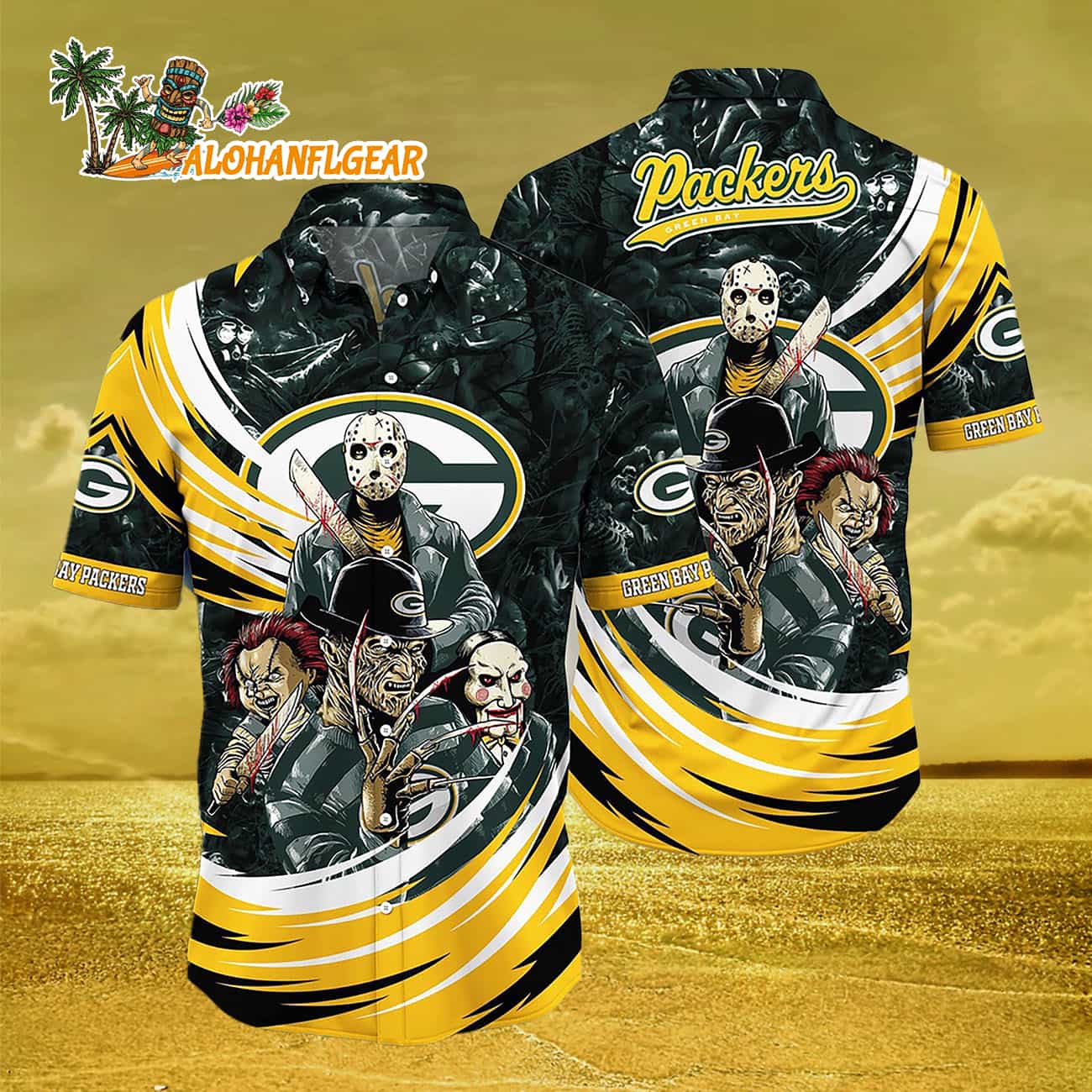 Green Bay Packers Halloween Horror Movie Characters Hawaiian Shirt Green Bay Packers Halloween Horror Movie Characters Hawaiian Shirt