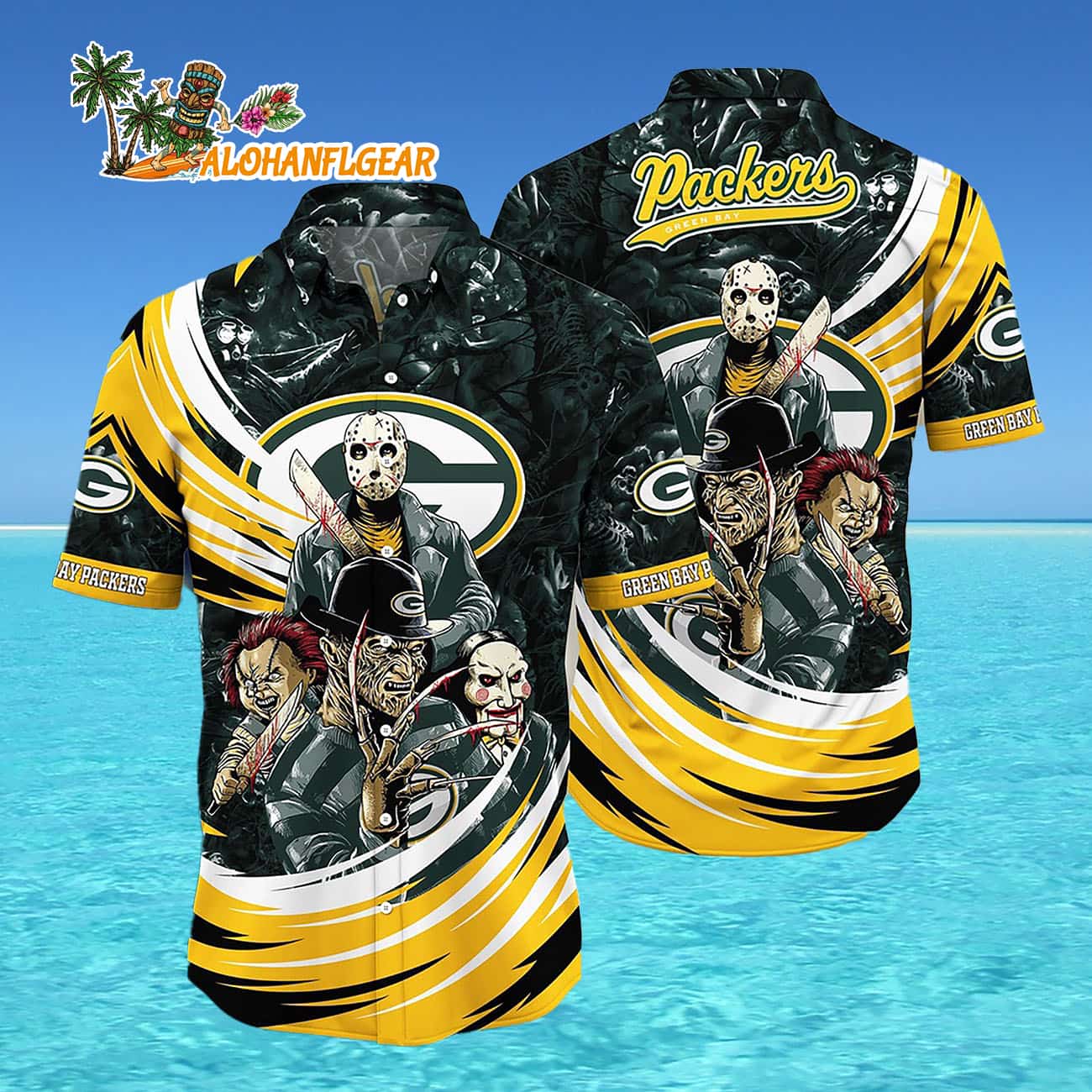 Green Bay Packers Halloween Horror Movie Characters Hawaiian Shirt Green Bay Packers Halloween Horror Movie Characters Hawaiian Shirt