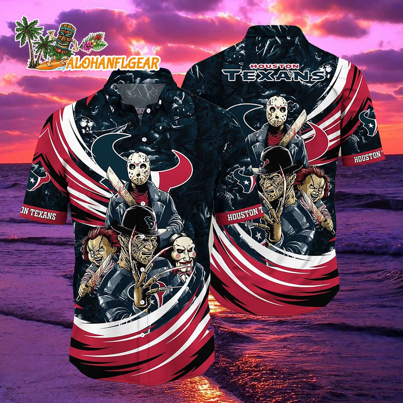 Houston Texans Halloween Horror Movie Characters Hawaiian Shirt Houston Texans Halloween Horror Movie Characters Hawaiian Shirt
