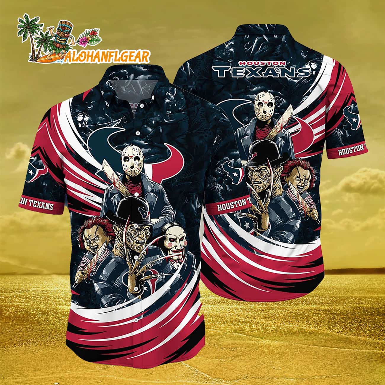 Houston Texans Halloween Horror Movie Characters Hawaiian Shirt Houston Texans Halloween Horror Movie Characters Hawaiian Shirt