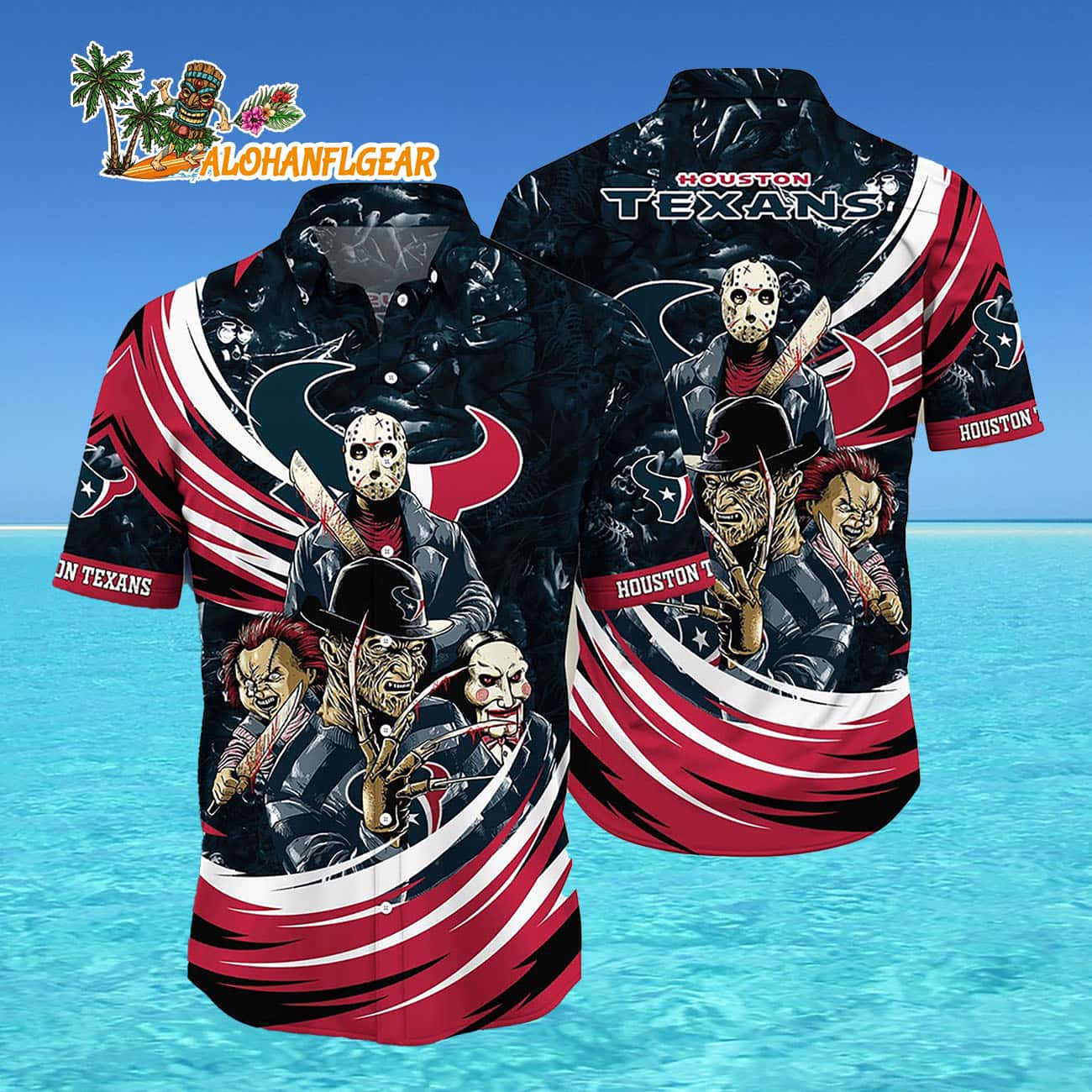 Houston Texans Halloween Horror Movie Characters Hawaiian Shirt Houston Texans Halloween Horror Movie Characters Hawaiian Shirt