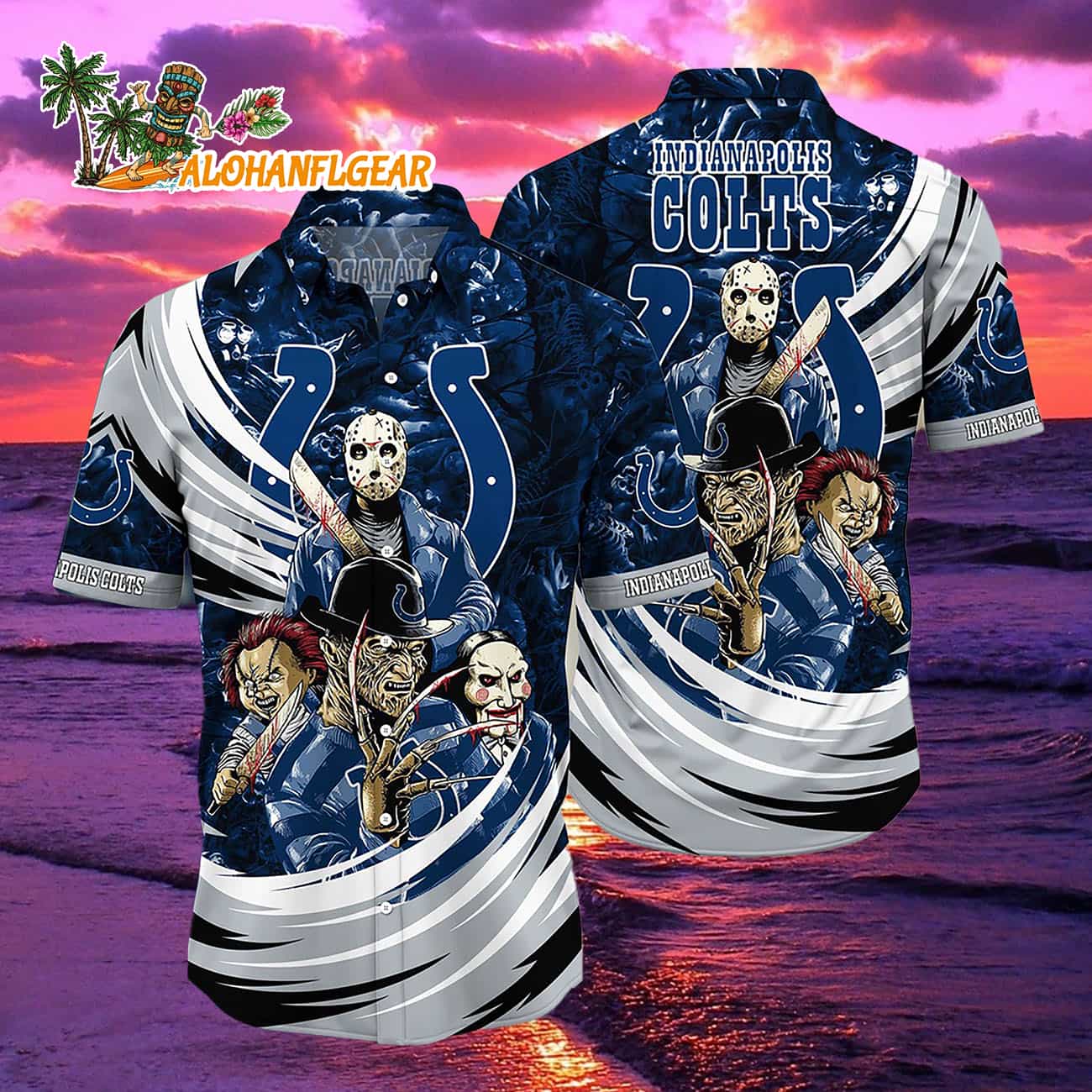 Indianapolis Colts Halloween Horror Movie Characters Hawaiian Shirt Indianapolis Colts Halloween Horror Movie Characters Hawaiian Shirt