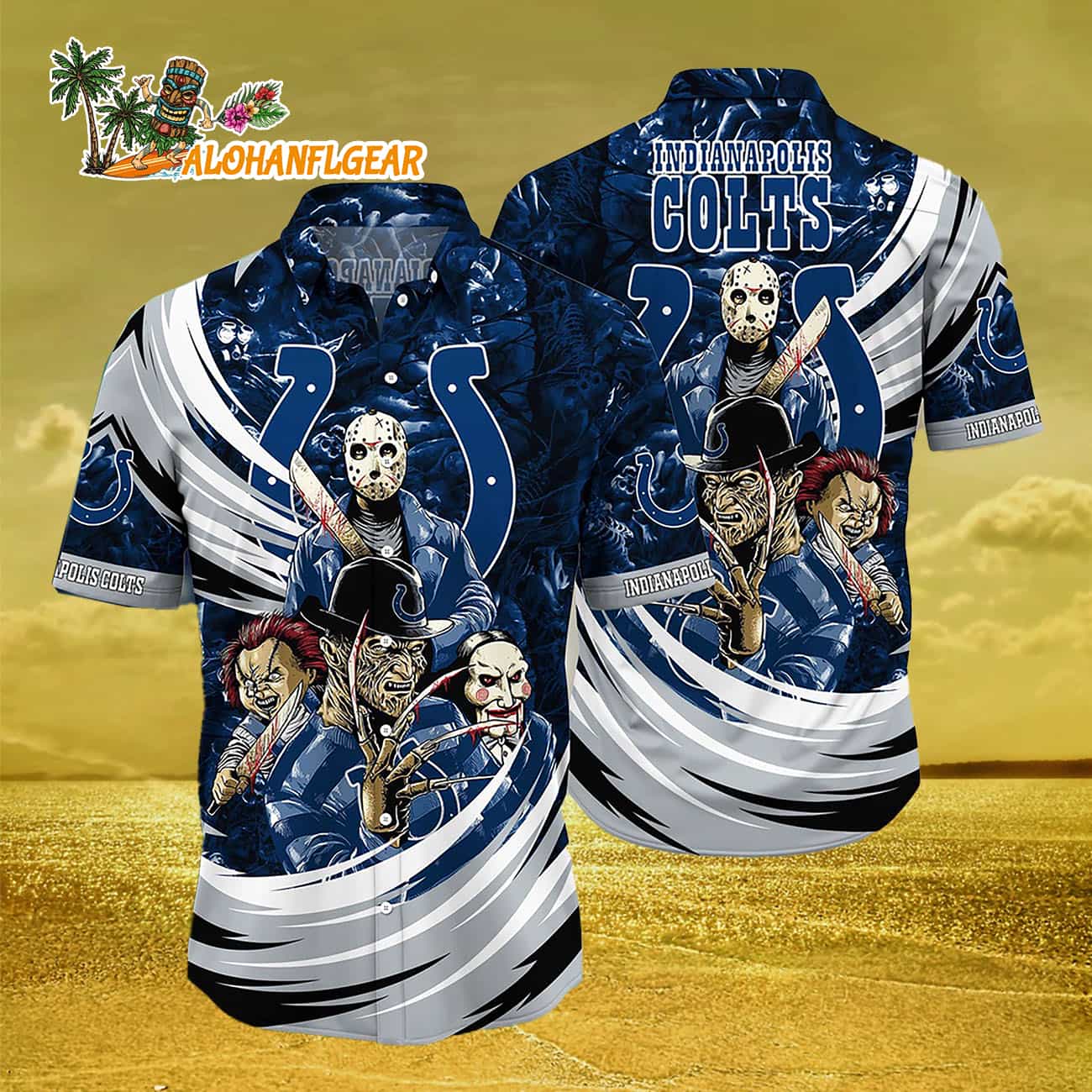 Indianapolis Colts Halloween Horror Movie Characters Hawaiian Shirt Indianapolis Colts Halloween Horror Movie Characters Hawaiian Shirt