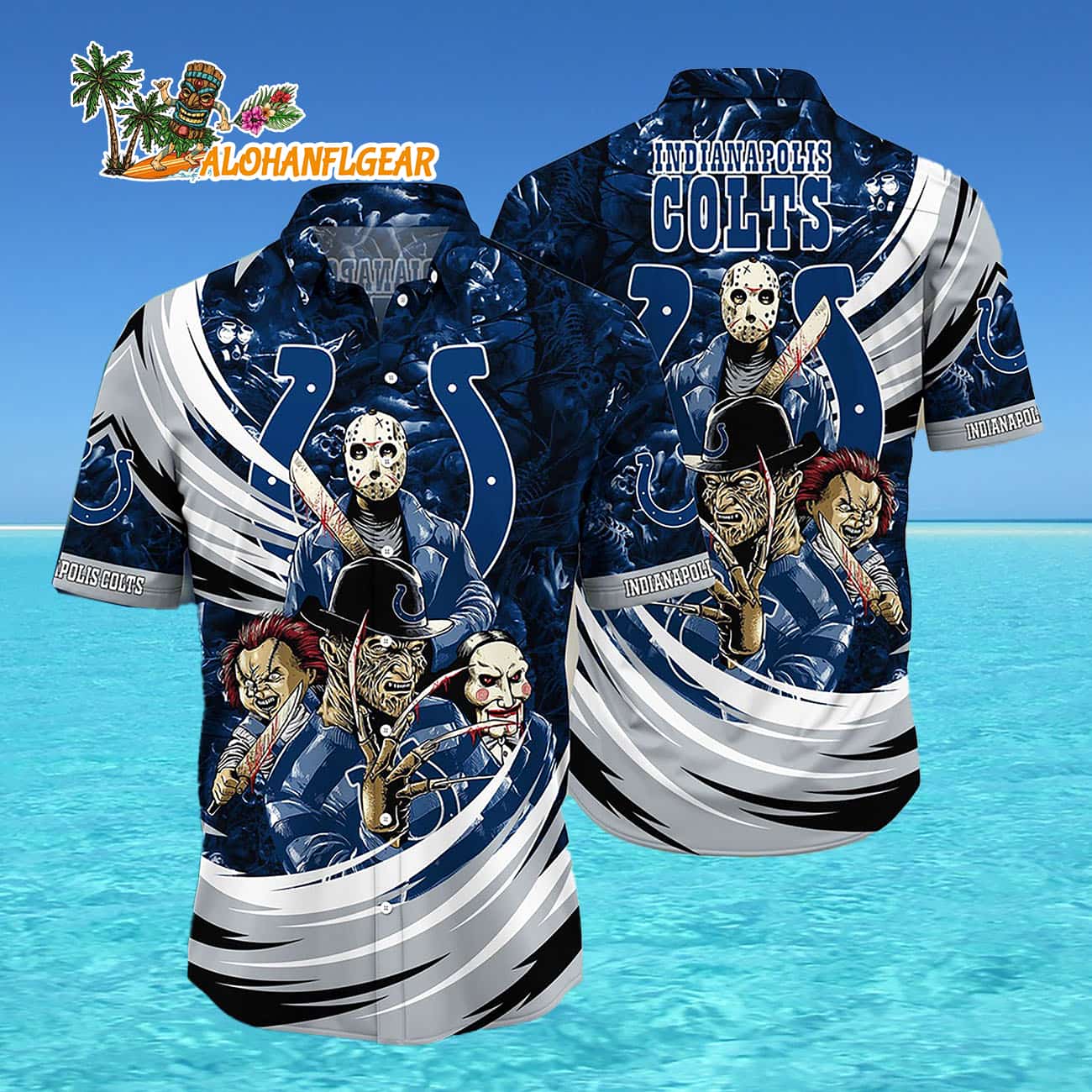 Indianapolis Colts Halloween Horror Movie Characters Hawaiian Shirt Indianapolis Colts Halloween Horror Movie Characters Hawaiian Shirt