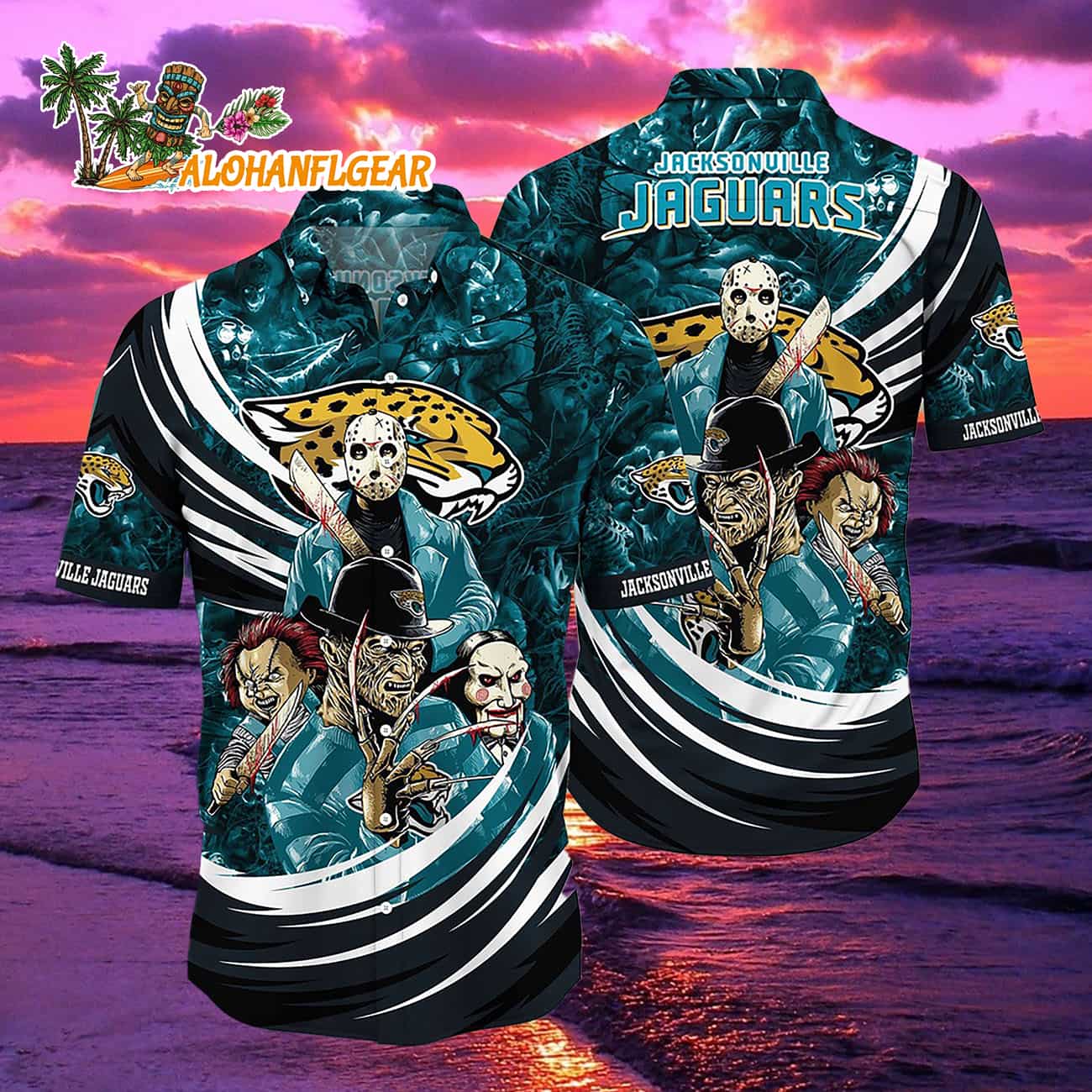 Jacksonville Jaguars Halloween Horror Movie Characters Hawaiian Shirt Jacksonville Jaguars Halloween Horror Movie Characters Hawaiian Shirt