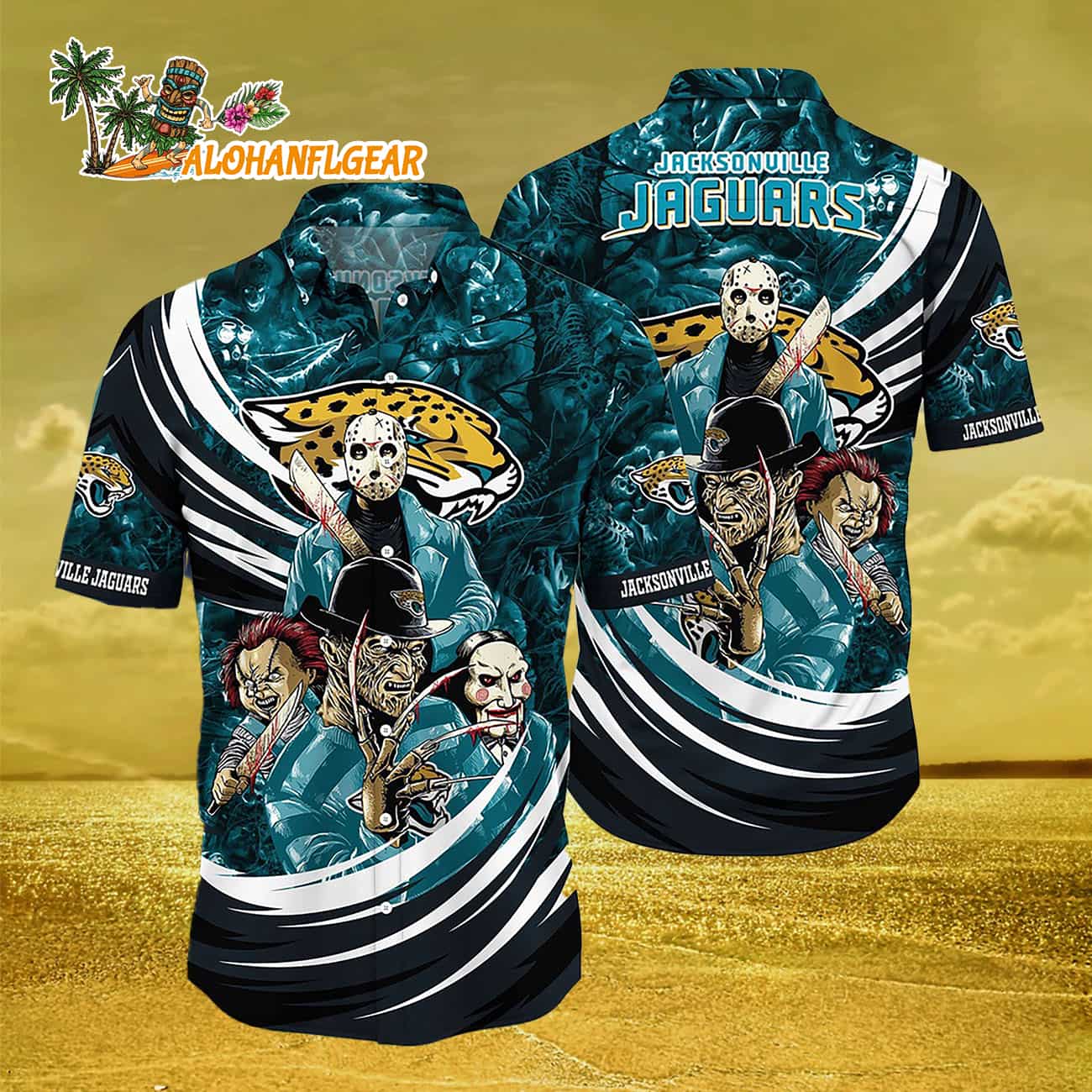 Jacksonville Jaguars Halloween Horror Movie Characters Hawaiian Shirt Jacksonville Jaguars Halloween Horror Movie Characters Hawaiian Shirt