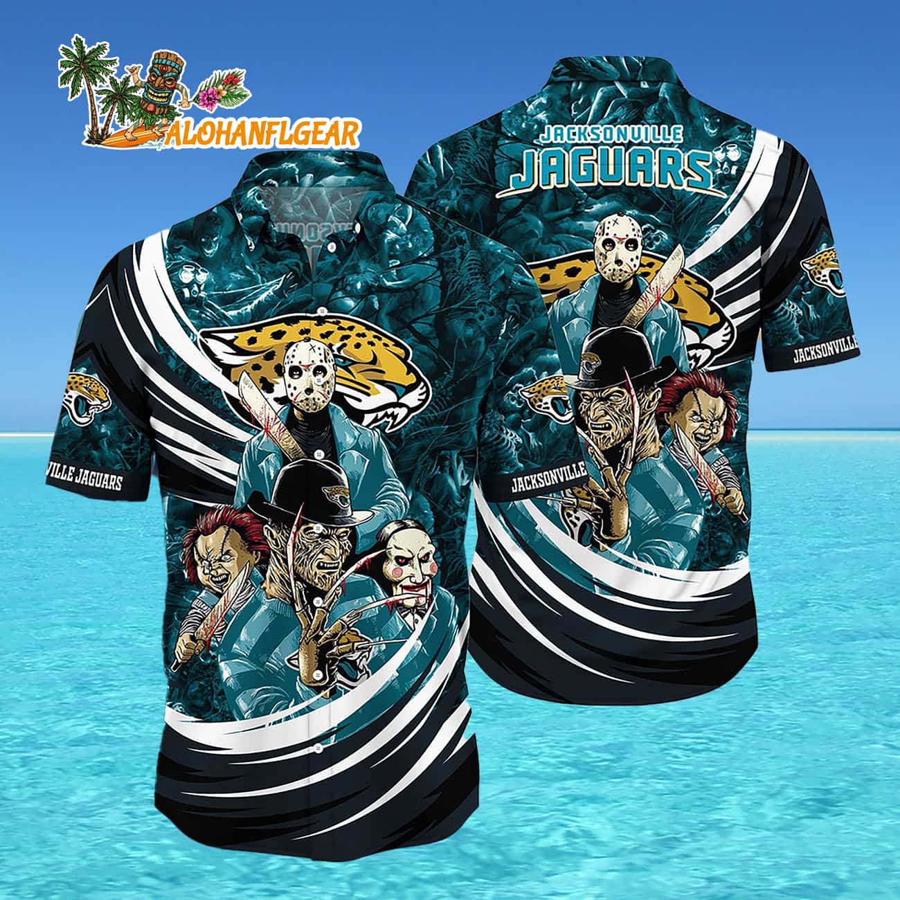 Jacksonville Jaguars Halloween Horror Movie Characters Hawaiian Shirt Jacksonville Jaguars Halloween Horror Movie Characters Hawaiian Shirt