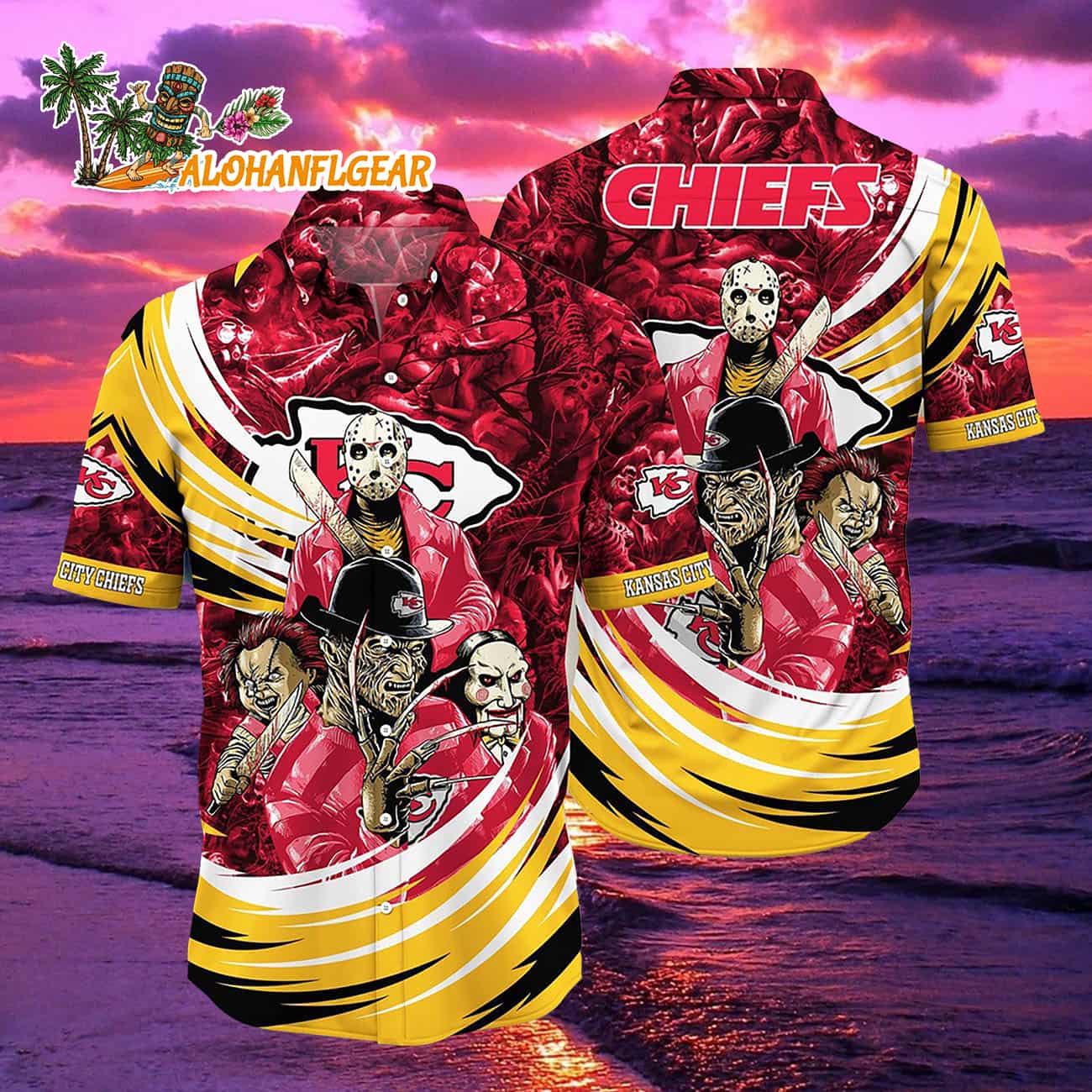 Kansas City Chiefs Halloween Horror Movie Characters Hawaiian Shirt Kansas City Chiefs Halloween Horror Movie Characters Hawaiian Shirt