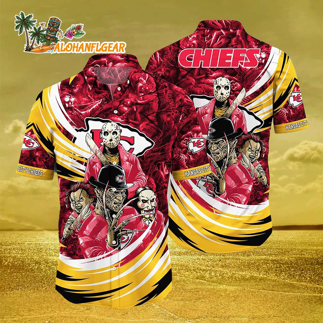 Kansas City Chiefs Halloween Horror Movie Characters Hawaiian Shirt Kansas City Chiefs Halloween Horror Movie Characters Hawaiian Shirt