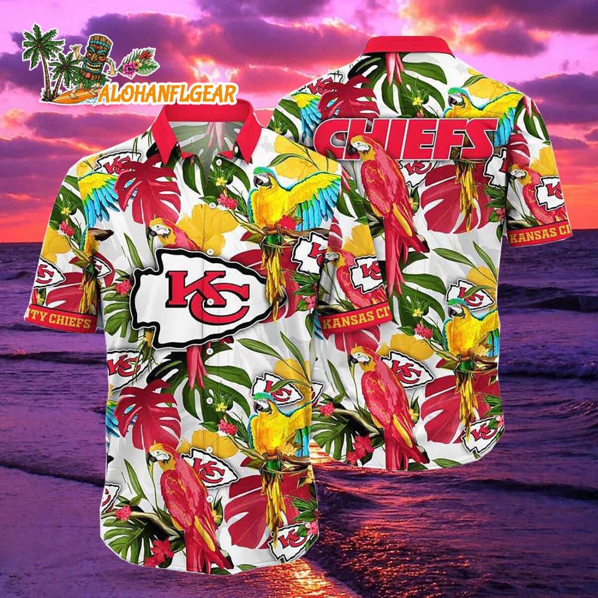 Kansas City Chiefs Parrots Tropical Flower Hawaiian Shirt 1 Kansas City Chiefs Parrots Tropical Flower Hawaiian Shirt 2