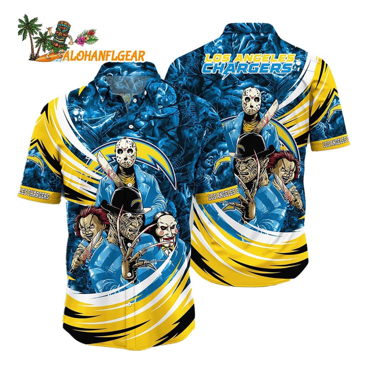 Los Angeles Chargers Halloween Horror Movie Characters Hawaiian Shirt 1