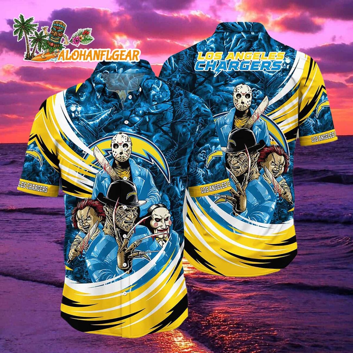 Los Angeles Chargers Halloween Horror Movie Characters Hawaiian Shirt 1 Los Angeles Chargers Halloween Horror Movie Characters Hawaiian Shirt 2