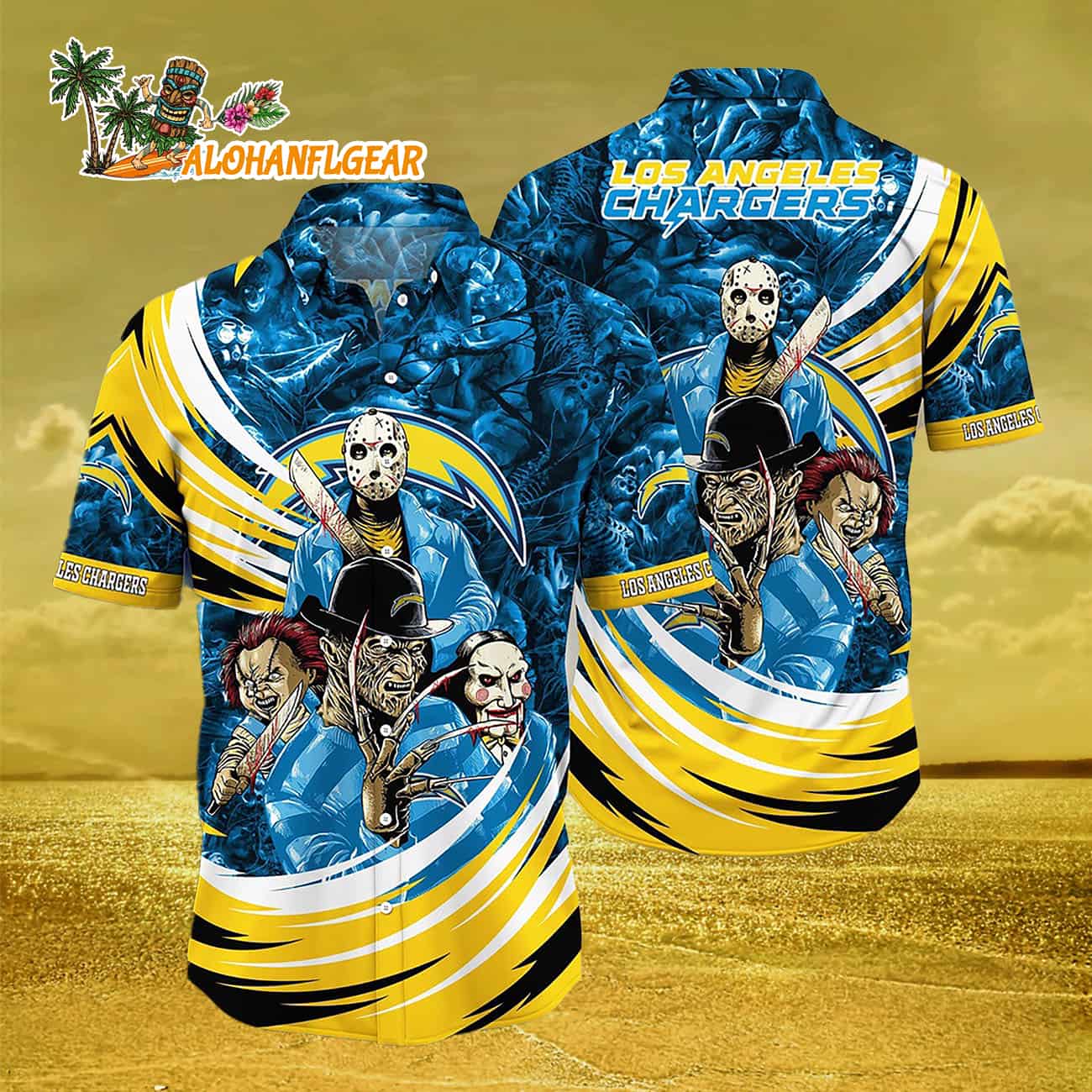 Los Angeles Chargers Halloween Horror Movie Characters Hawaiian Shirt Los Angeles Chargers Halloween Horror Movie Characters Hawaiian Shirt