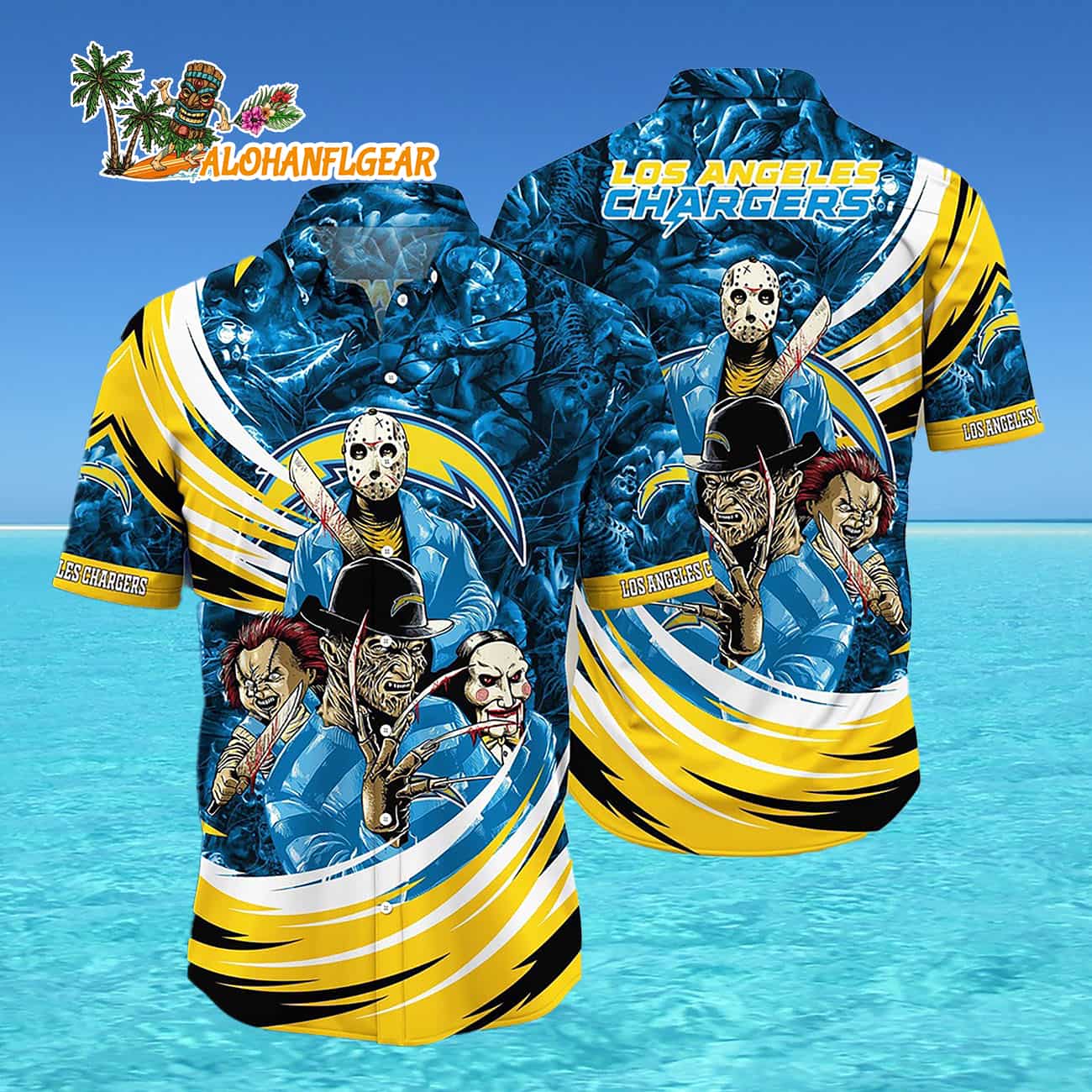 Los Angeles Chargers Halloween Horror Movie Characters Hawaiian Shirt Los Angeles Chargers Halloween Horror Movie Characters Hawaiian Shirt