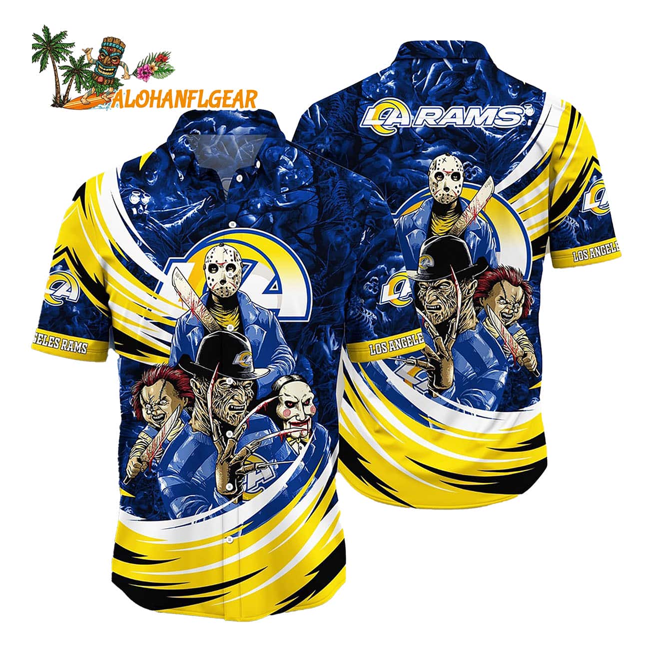 Los Angeles Rams Halloween Horror Movie Characters Hawaiian Shirt Los Angeles Rams Halloween Horror Movie Characters Hawaiian Shirt