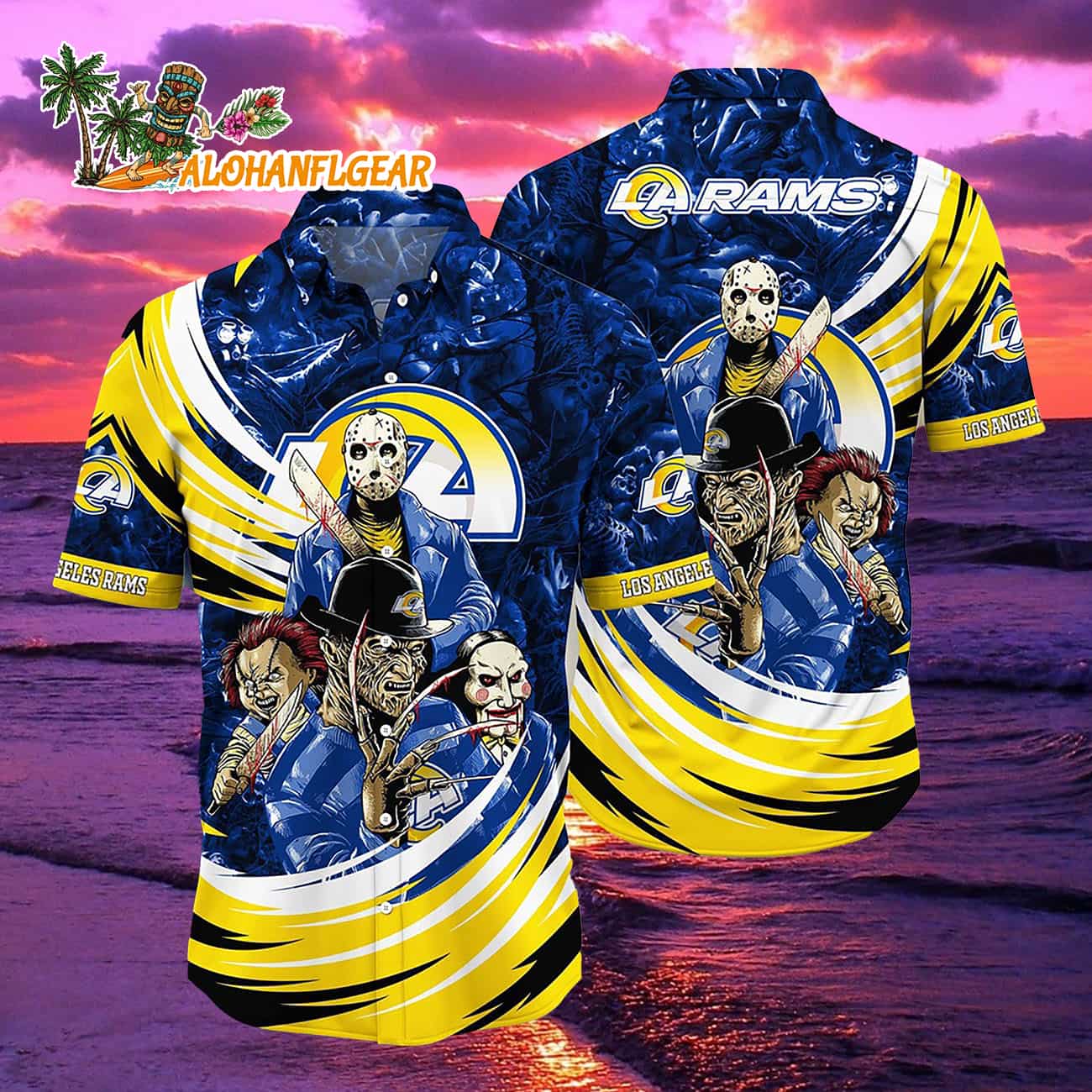 Los Angeles Rams Halloween Horror Movie Characters Hawaiian Shirt Los Angeles Rams Halloween Horror Movie Characters Hawaiian Shirt