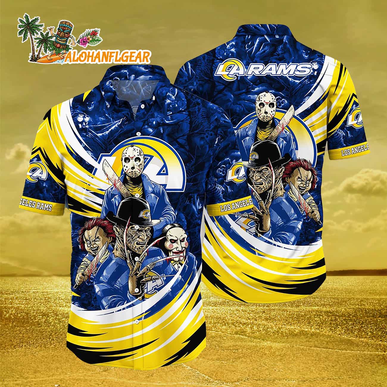 Los Angeles Rams Halloween Horror Movie Characters Hawaiian Shirt Los Angeles Rams Halloween Horror Movie Characters Hawaiian Shirt