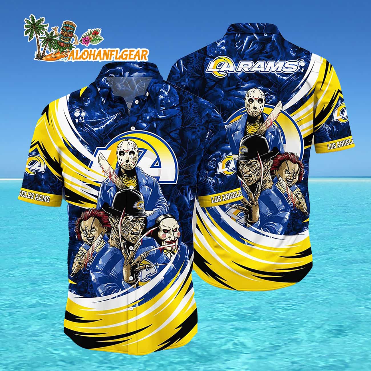 Los Angeles Rams Halloween Horror Movie Characters Hawaiian Shirt Los Angeles Rams Halloween Horror Movie Characters Hawaiian Shirt