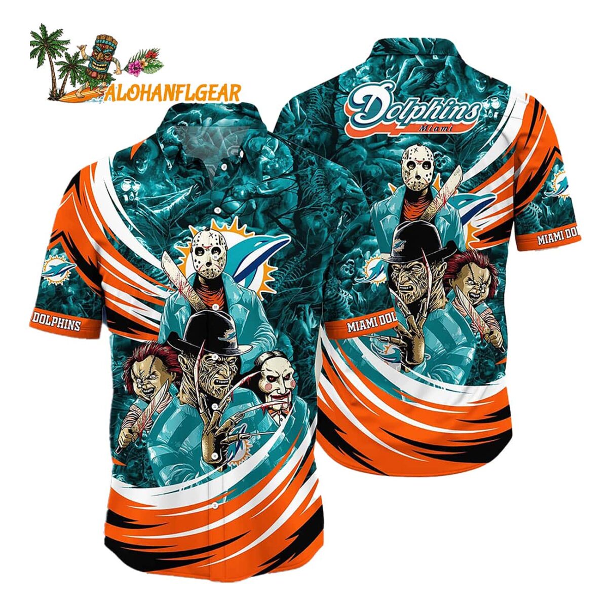 Miami Dolphins Halloween Horror Movie Characters Hawaiian Shirt 1