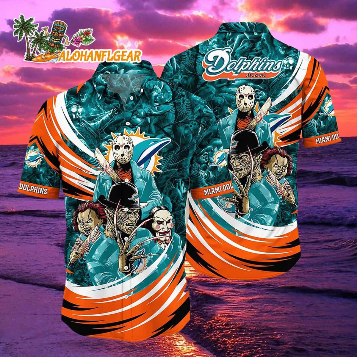 Miami Dolphins Halloween Horror Movie Characters Hawaiian Shirt 1 Miami Dolphins Halloween Horror Movie Characters Hawaiian Shirt 2