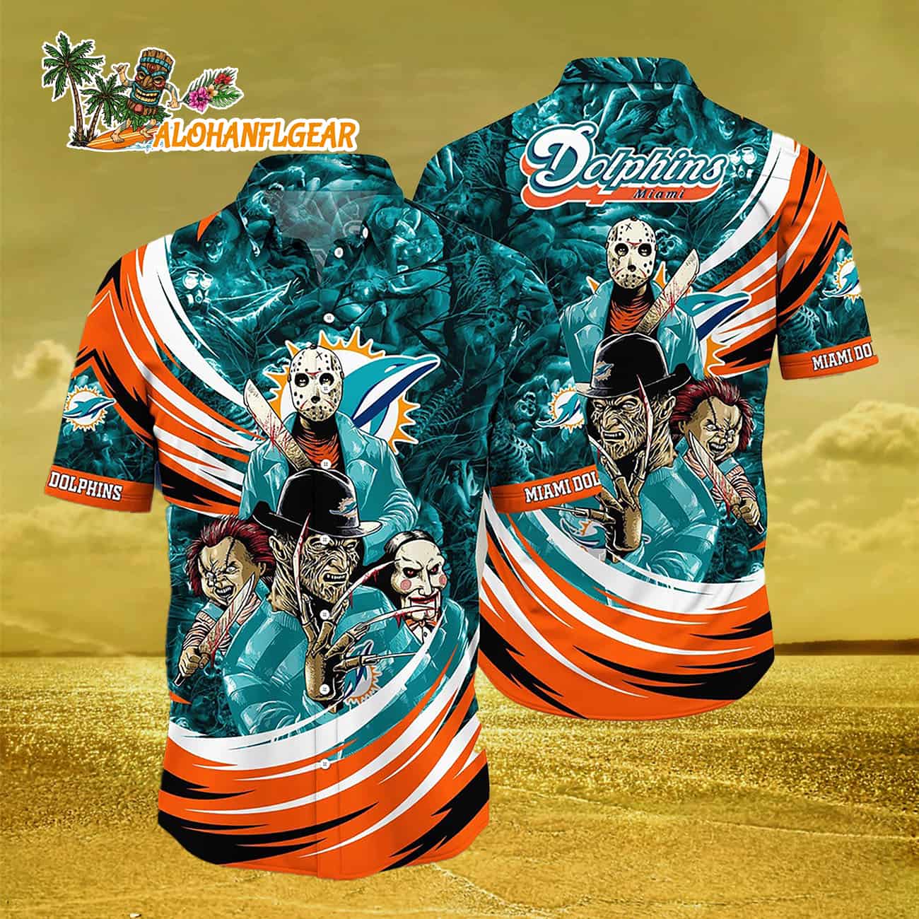 Miami Dolphins Halloween Horror Movie Characters Hawaiian Shirt Miami Dolphins Halloween Horror Movie Characters Hawaiian Shirt